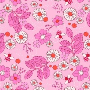 Buzzing bees and flowers garden - summer blossom retro style girls design pink red on blush