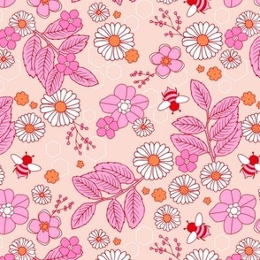 Buzzing bees and flowers garden - summer blossom retro style girls design pink orange on cream