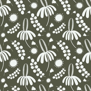 Australian flora banksia, eucalyptus and blossoms green and white Fabric