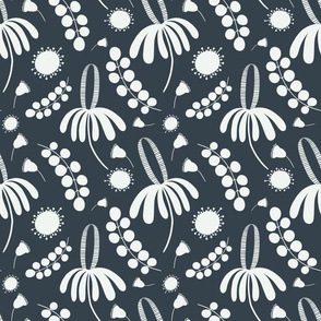 Australian flora banksia, eucalyptus and blossoms Navy and white Fabric