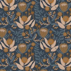 Australian flora - Earth tones - blossoms - Protea - Mustard, Navy blue and tan fabric