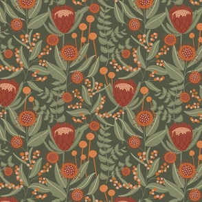 Australian flora - Earth tones - blossoms - Protea - Green brown and redwood fabric