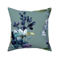 Watercolor Hydrangea botanical XL Muted Blue purple romantic floral on grey green