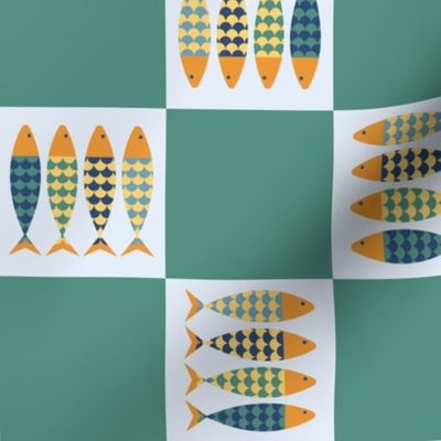 Checkerboard Sardines (medium scale) - a playful ocean aesthetic design on a check background