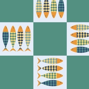 Checkerboard Sardines (medium scale) - a playful ocean aesthetic design on a check background