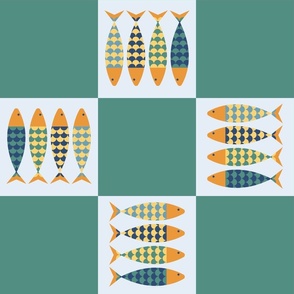 Checkerboard Sardines (large scale) - a playful ocean aesthetic design on a check background