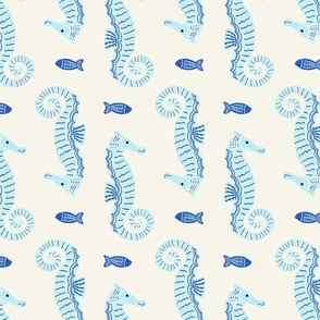 Playful Charming Seahorses Light Blue/ Ecru White M