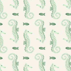 Playful Charming Seahorses Light Green/ Ecru White M
