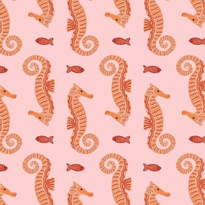 Playful Charming Seahorses Orange Red/ Light Pink M