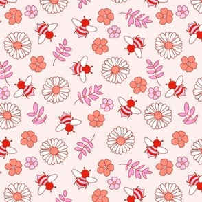 Summer buzzing bees and flowers - romantic retro girls garden pink orange red on ivory