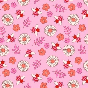 Summer buzzing bees and flowers - romantic retro girls garden orange pink on blush