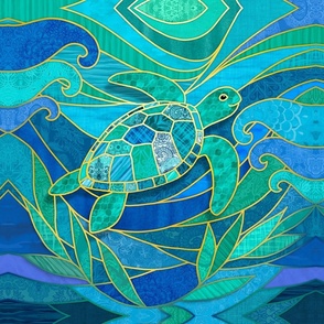 Blue Green Stained Glass Sea Turtle 18" Quilting Square