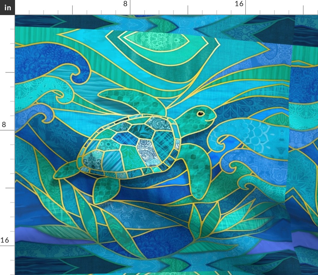 Blue Green Stained Glass Sea Turtle 18" Quilting Square