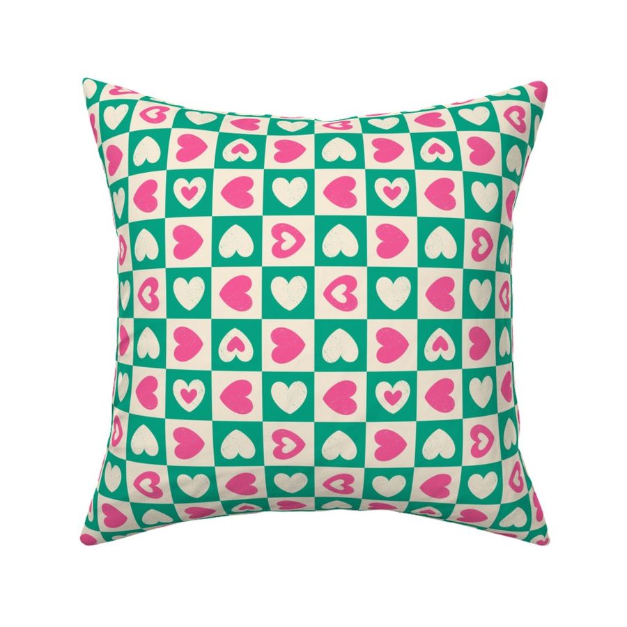 Small scale / Bright pink cream and green 1 ½ inch checkered hearts / 70s fun geometric love cookies hot rose fuchsia on jewel emerald off white light beige ivory kitchen tiles checks / cute 60s retro mid mod grid squares