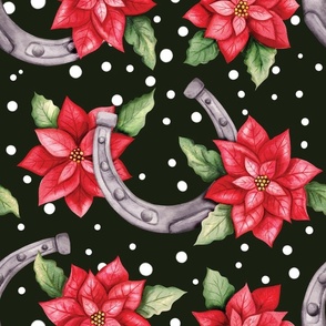 western horseshoes with poinsettias dark green, western Christmas WB24 large scale