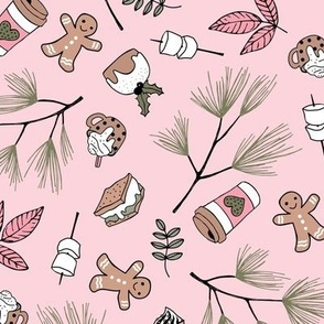 Tossed boho Christmas camping smores pine needle branches leaves holiday snacks  and drinks winter market olive green pink 