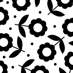 Large - Tossed retro daisy flowers with dots in black and white. 