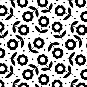 Medium - Tossed retro daisy flowers with dots in black and white.