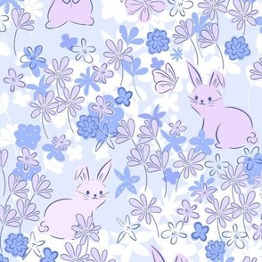Bunnies and flowers, rabbits, children's bunnies in lilacs, larger scale