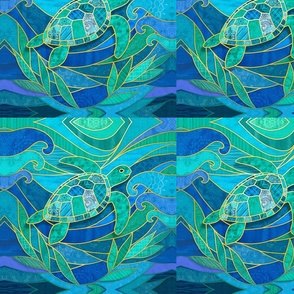 Blue Green Stained Glass Sea Turtle 10.8" Quilting Square