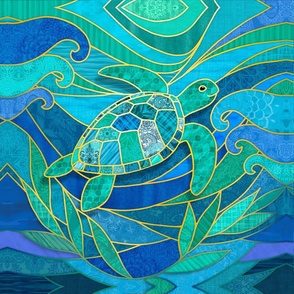 Blue Green Stained Glass Sea Turtle 28" Quilting Square