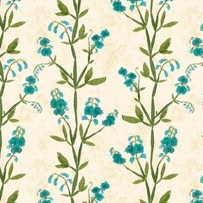 Heartful - 6" Vintage Trailing Sweet Pea Florals on Textured Cream Bg - Cyan Blue
