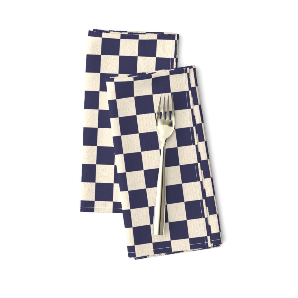 Small scale / Cream and dark navy blue 1 inch checkerboard squares / Vintage 60s geometric kitchen tiles / fun cute 70s picnic checks box grid in warm deep blue black on off white light beige ivory mens blender