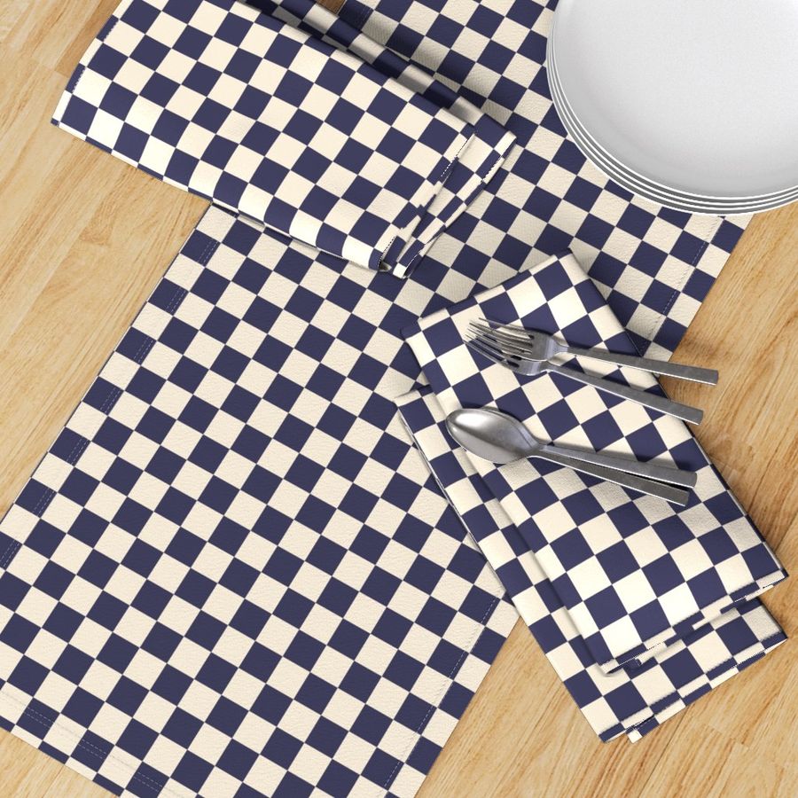 Small scale / Cream and dark navy blue 1 inch checkerboard squares / Vintage 60s geometric kitchen tiles / fun cute 70s picnic checks box grid in warm deep blue black on off white light beige ivory mens blender