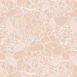 Peonies & Ladybugs line art and watercolor white on muted peach 