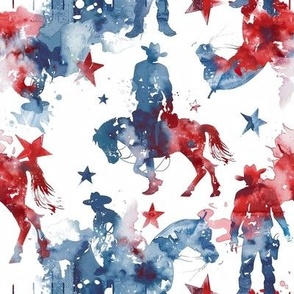 Small Patriotic USA 4th of July Watercolor Western Cowboys and Horses