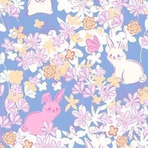 Bunnies and flowers, rabbits, children's bunnies in pinks and yellow and blue, larger scale