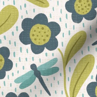 Dragonflies And Flowers in lime green and blue LARGE