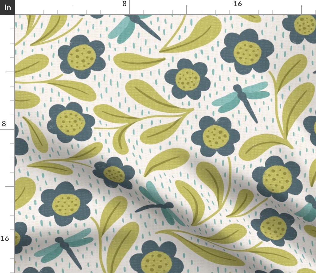 Dragonflies And Flowers in lime green and blue LARGE