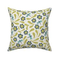 Dragonflies And Flowers in lime green and blue MEDIUM