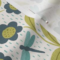 Dragonflies And Flowers in lime green and blue MEDIUM