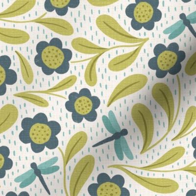 Dragonflies And Flowers in lime green and blue MEDIUM