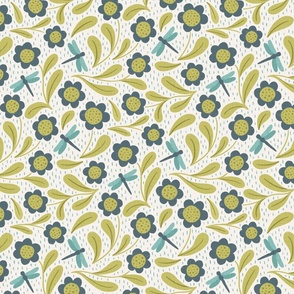 Dragonflies And Flowers in lime green and blue MEDIUM