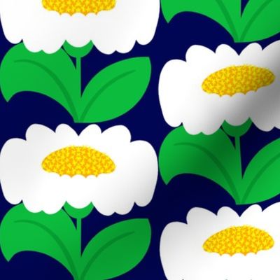 It’s Gonna Be Great Day! Fun Cheerful Mini Daisy Flowers In Bright Yellow, Navy Blue And Grass Green Sunshine Retro Modern Wallpaper Style Sunny Mid-Century Scandi Summer Floral Pattern 