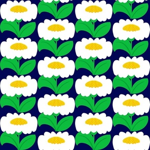 It’s Gonna Be Great Day! Fun Cheerful Mini Daisy Flowers In Bright Yellow, Navy Blue And Grass Green Sunshine Retro Modern Wallpaper Style Sunny Mid-Century Scandi Summer Floral Pattern 