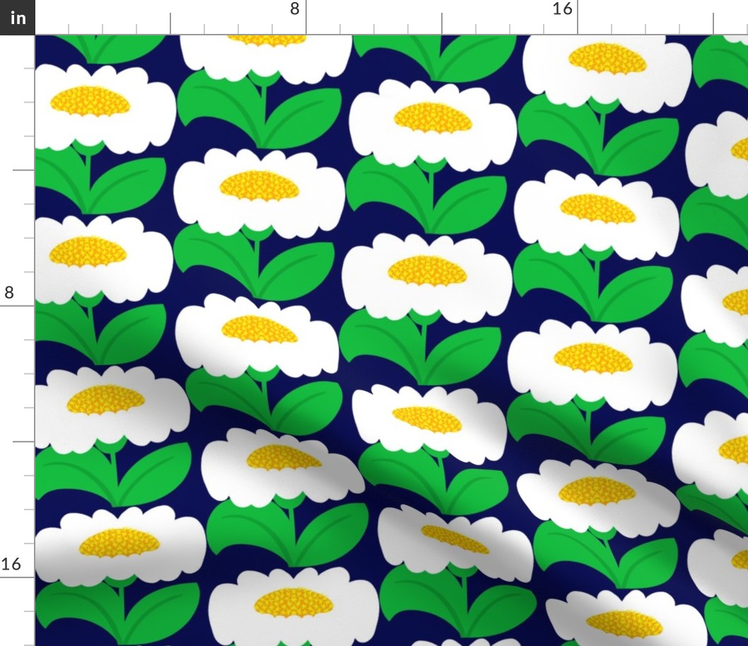 It’s Gonna Be Great Day! Fun Cheerful Mini Daisy Flowers In Bright Yellow, Navy Blue And Grass Green Sunshine Retro Modern Wallpaper Style Sunny Mid-Century Scandi Summer Floral Pattern 