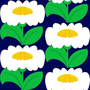 It’s Gonna Be Great Day! Fun Cheerful Daisy Flowers In Bright Yellow, Navy Blue And Grass Green Sunshine Retro Modern Wallpaper Style Sunny Mid-Century Scandi Summer Floral Pattern 