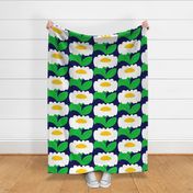 It’s Gonna Be Great Day! Fun Cheerful Big Daisy Flowers In Bright Yellow, Navy Blue And Grass Green Sunshine Retro Modern Wallpaper Style Sunny Mid-Century Scandi Summer Floral Pattern 