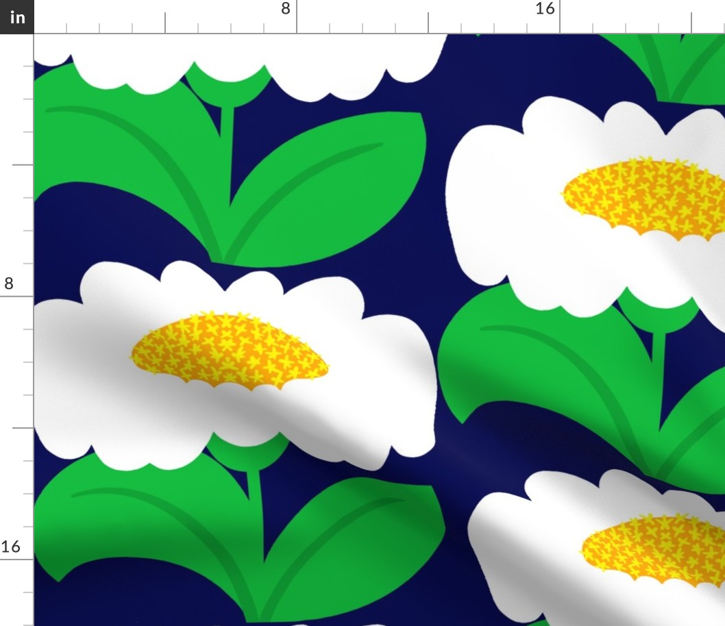 It’s Gonna Be Great Day! Fun Cheerful Big Daisy Flowers In Bright Yellow, Navy Blue And Grass Green Sunshine Retro Modern Wallpaper Style Sunny Mid-Century Scandi Summer Floral Pattern 