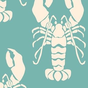 teal off white lobster on aqua blue  Crustacean core block print | jumbo