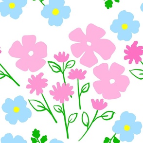 The Cutest Flowers Pink Blue And Green Mini Retro Modern Posey Pansy Cosmos Aster Summer Garden Pretty Pastel Nursery Scandi Baby Grandmillennial Cute Ditzy Fresh Fuchsia Floral Repeat Pattern