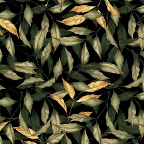 Green and gold leaves on black 21