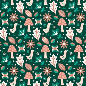 Leaves flowers and mushrooms - Green, blush, off white and deep green background