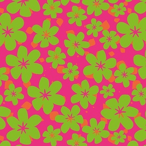Green neon flowers in fucsia background