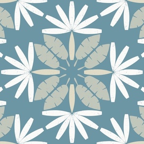 Large Tropical Abstract Palms and Fronds Grid in white, light tan and taupe on turquoise