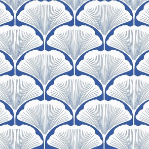 Ginkgo Leaf Art Deco Scallops in royal blue & white - smaller scale